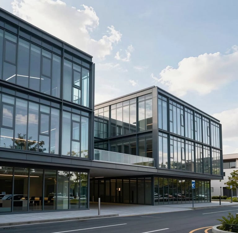 Wide-angle architectural shot of a modern glass and steel community hub during bright daylight, clean lines, reflection of sky