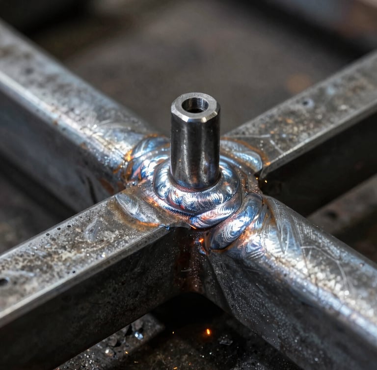 Macro close-up of a clean structural weld bead on raw steel, high-contrast industrial workshop light, dramatic shadows, gritty industrial photography