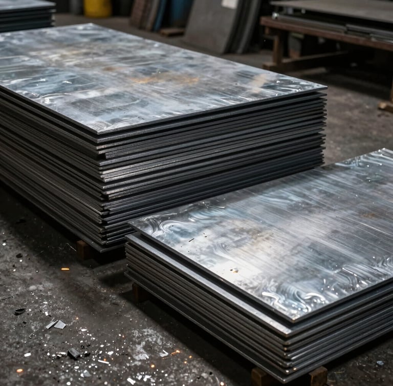 Stacks of raw heavy-gauge steel plates and aluminum sheets on the concrete floor of a workshop, dramatic industrial side-lighting, raw metallic textures