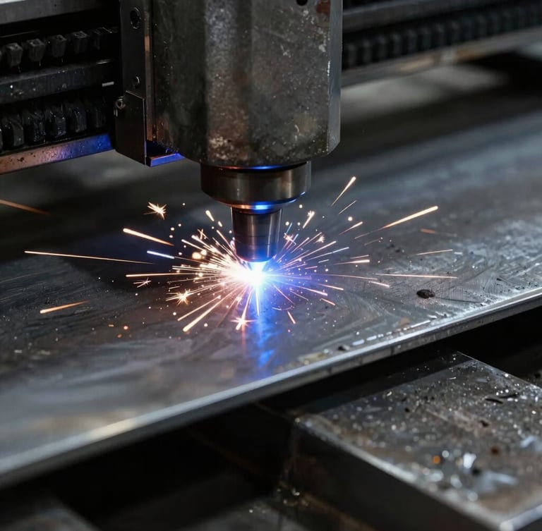 Macro close-up of a fiber laser cutter nozzle emitting blue-white sparks as it slices through heavy-gauge steel sheet, high-contrast industrial lighting, raw metallic textures