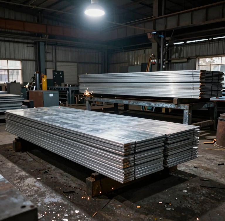 Wide-angle environmental shot of a gritty industrial workshop floor in Trichy, stacks of raw steel plates and aluminum sheets arranged on heavy steel racks, dramatic overhead industrial lighting, raw metal textures.