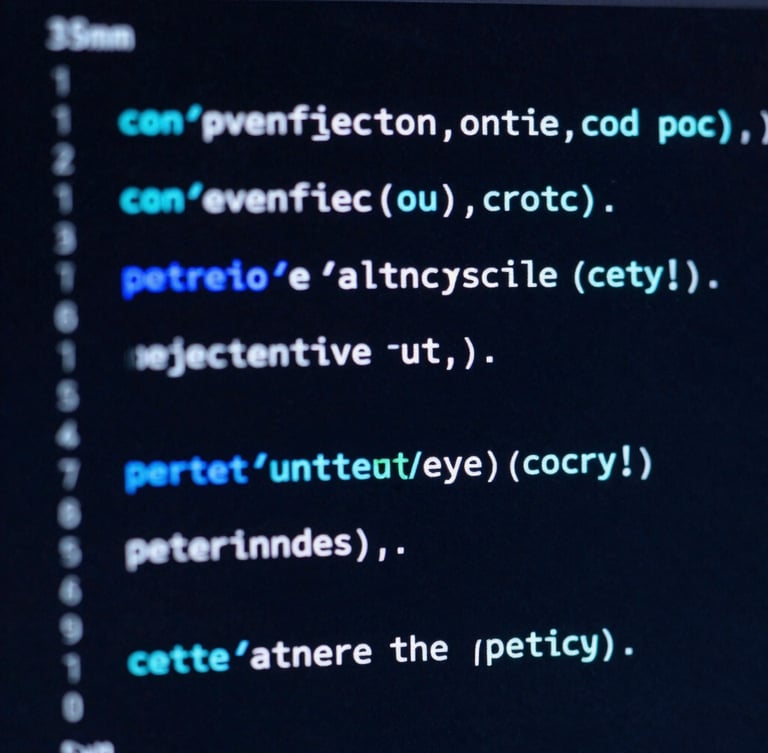 Macro shot of clean code on a dark screen with neon blue and cyan glow, high-contrast studio lighting, sharp focus, 35mm