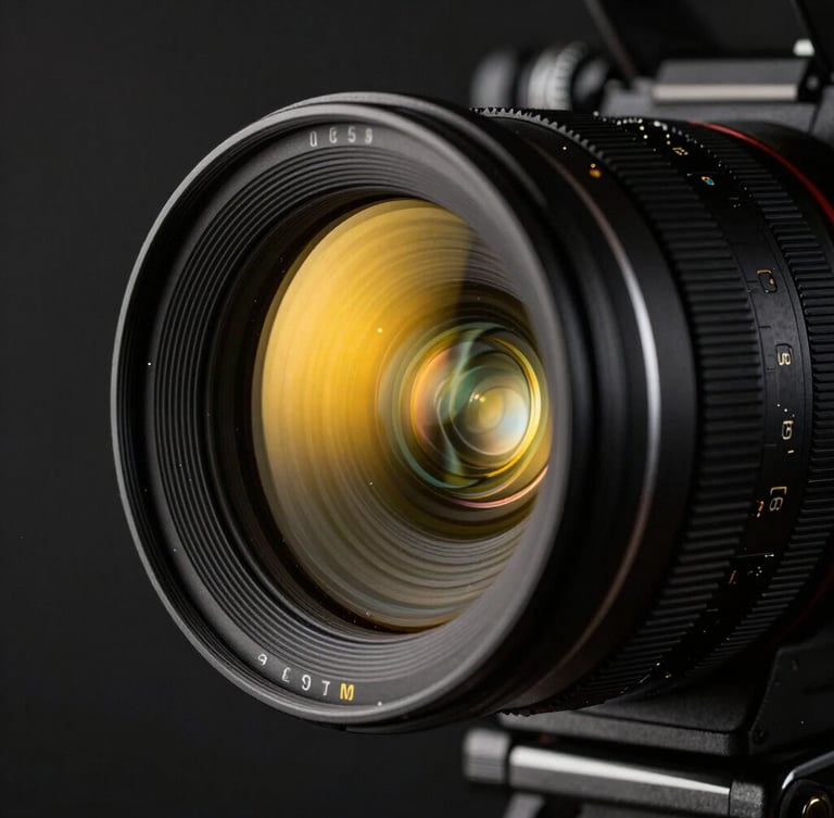 Extreme close-up of a premium cinema camera lens, sharp reflections of neon yellow studio lights, dark moody background, raw industrial texture