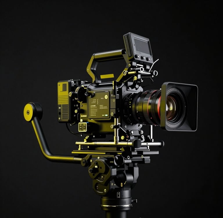 Low-angle heroic shot of a professional cinema camera rig on a stabilizer, high-contrast hard lighting, dark shadows, sharp focus, neon yellow backlights, 35mm lens.