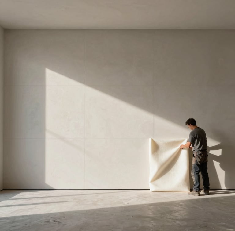Wide panoramic shot of a minimalist room with a feature wall of 3D plaster panels, strong side lighting casting deep shadows, a worker carefully placing a protective foam layer over a panel for shipping, architectural photography, 50mm, editorial.