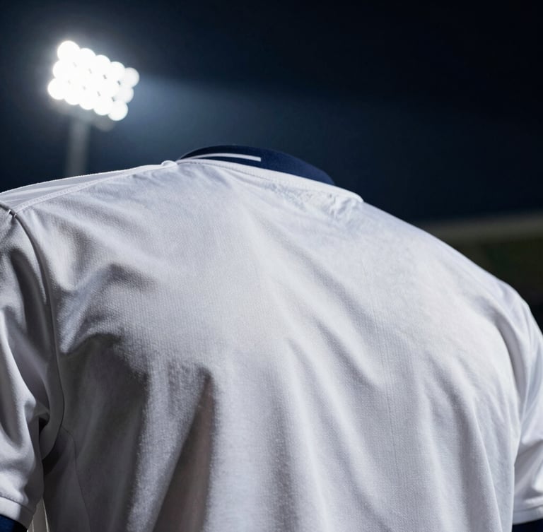 Cinematic close-up of the pristine white fabric of a classic football shirt, high-contrast stadium floodlights casting dramatic shadows on the texture, minimalist composition, 35mm lens.