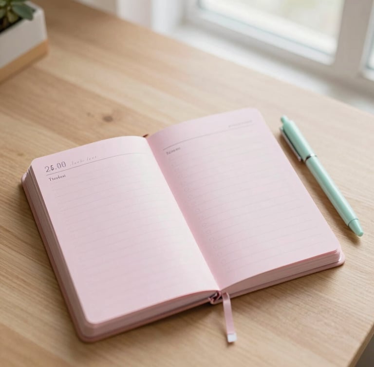 Overhead flatlay of a pastel-pink undated planner open on a light oak desk, a soft mint-green gel pen resting beside it, illuminated by gentle morning window light, shallow depth of field, 35mm