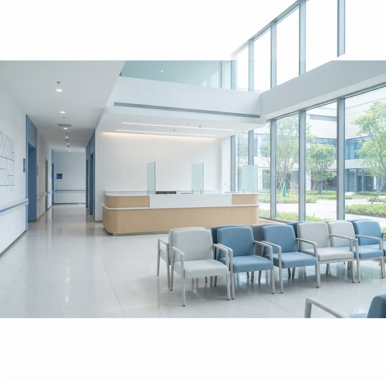 Bright high-key commercial photography of a pristine, empty medical clinic lobby, crisp clean daylight, clinical blue and white tones, sharp focus, 35mm