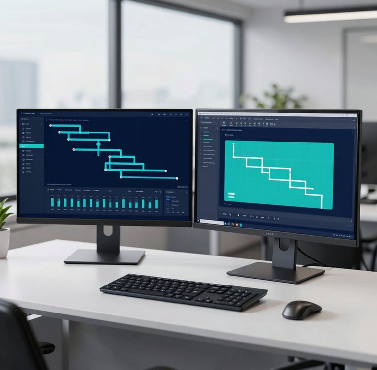 Sleek dual-monitor desk setup in a modern Australian office, crisp daylight, showing clean software dashboards with pipeline metrics, deep navy accents, 35mm