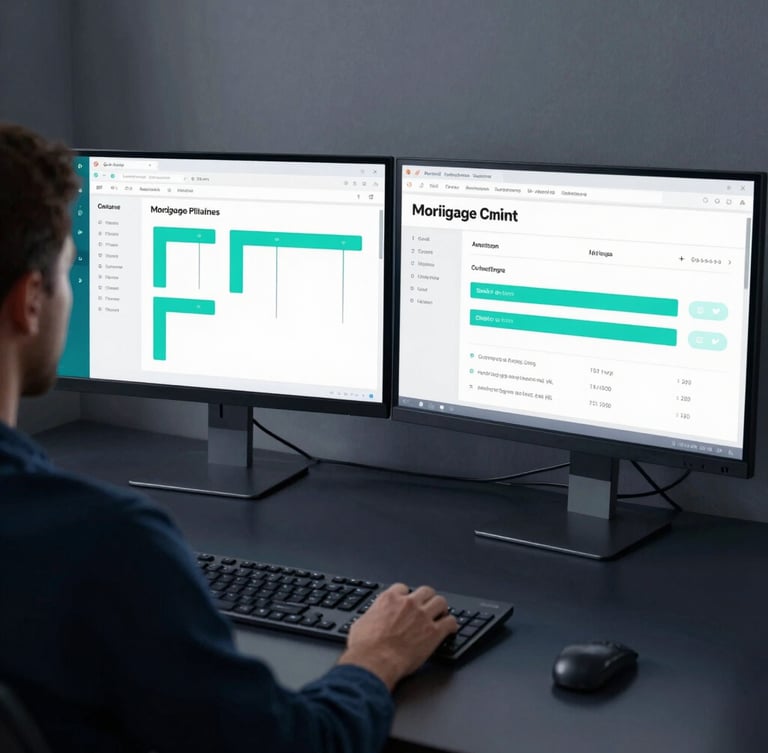 Sleek technology photography, over-the-shoulder view of a clean dual-monitor setup showing mortgage CRM pipelines and automated dashboards, cool-toned crisp daylight, 35mm