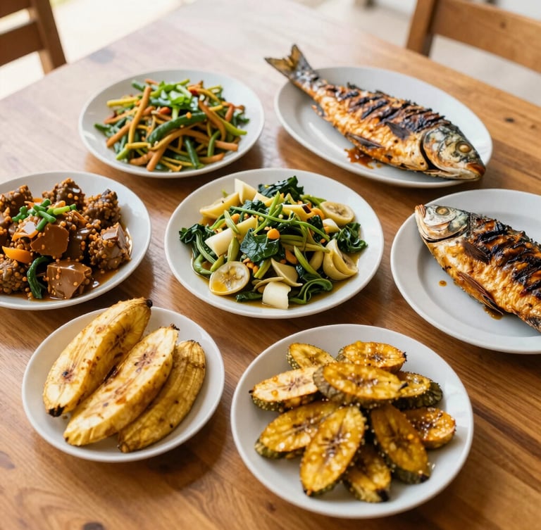 Top-down flat lay of fresh Gabonese dishes, including plantains and grilled fish, served on a modern wooden table, bright natural daylight, warm gold tones, vibrant food photography, 35mm.