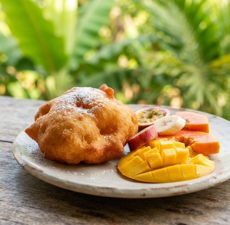 Close-up macro shot of a fresh golden Gabonese beignet and sliced tropical fruits on a clean plate, bright natural morning light, vibrant green leaves in the soft-focus background, 35mm