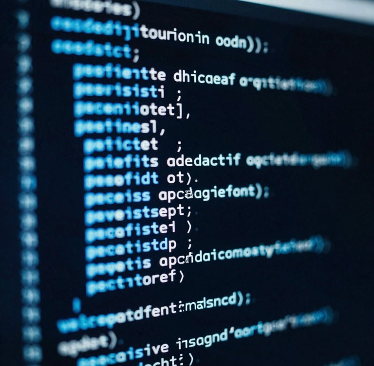 Macro close-up of a high-contrast code terminal displaying SQL queries and marketing attribution scripts, electric blue neon highlights, dark background, 35mm