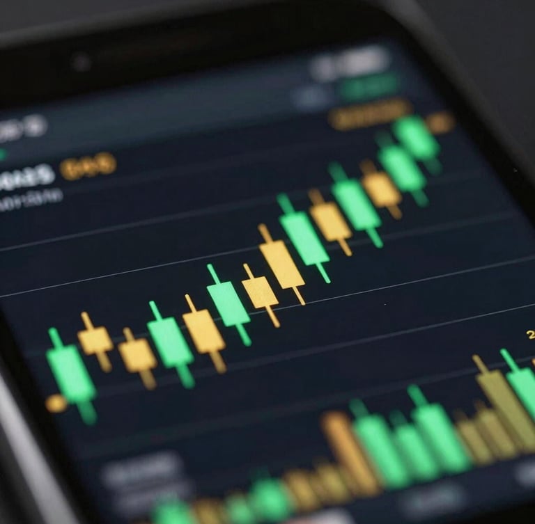 Close-up macro shot of a sleek mobile trading interface displaying a gold candlestick chart, with glowing emerald green data points and gold accents, reflecting high-contrast studio lighting, shallow depth of field.