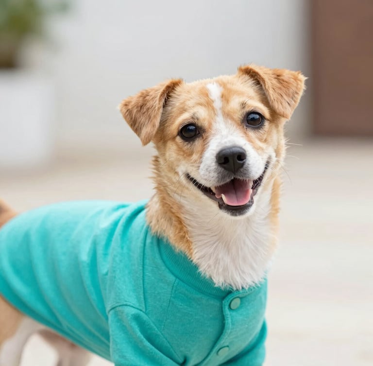 Close-up of a happy small dog wearing a vibrant teal cotton shirt, bright natural daylight, soft focus background