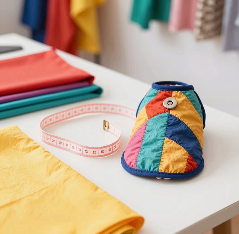 A colorful tailoring workshop in Celaya with bright fabrics, a measuring tape next to a finished small dog vest, warm daylight