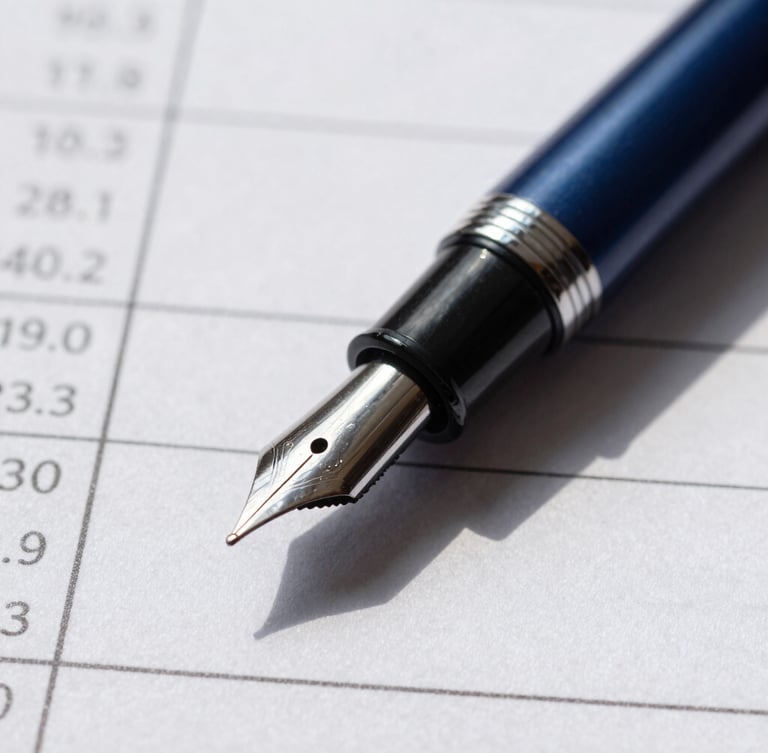 Close-up macro shot of a fountain pen resting on a structured financial forecast ledger, crisp morning light, sharp shadows, deep slate tones, 35mm lens
