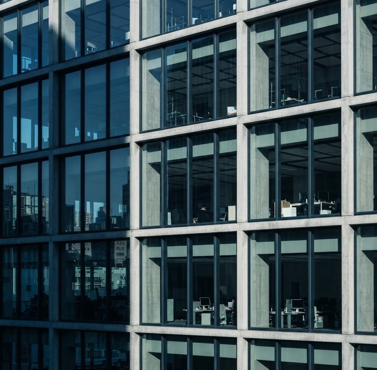 Architectural crop of a modern concrete and glass corporate office facade, sharp morning light, deep slate shadows, cool editorial style, 35mm lens