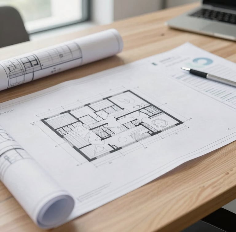 Close-up of architectural blueprints and financial reports on a clean wooden desk, soft natural light, professional photography
