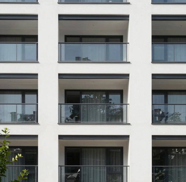 Professional architectural photography of a clean modern residential building facade, bright natural daylight, crisp details, 35mm lens