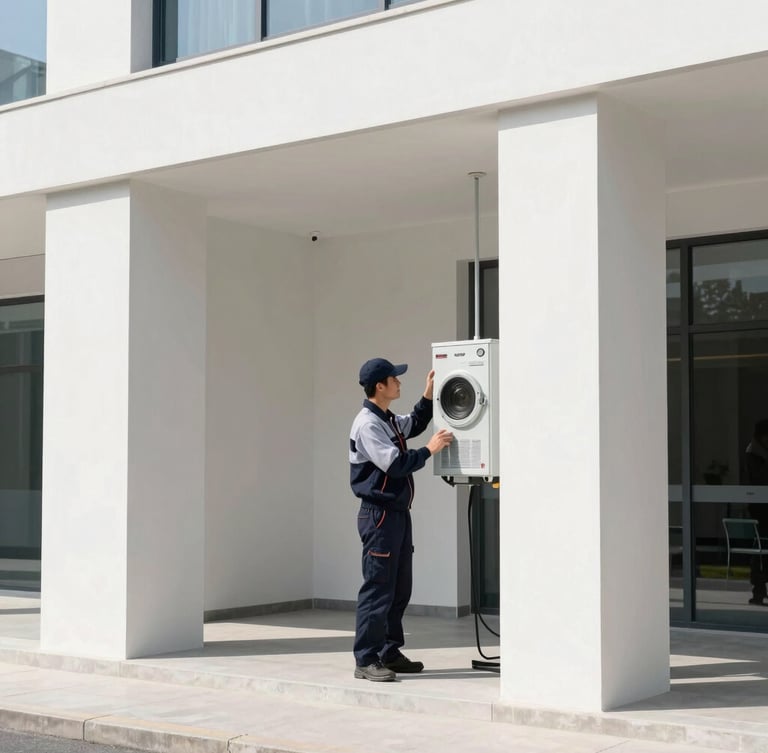 Professional architectural photography, clean modern building exterior with a technician in uniform inspecting a system, bright natural daylight, 35mm lens
