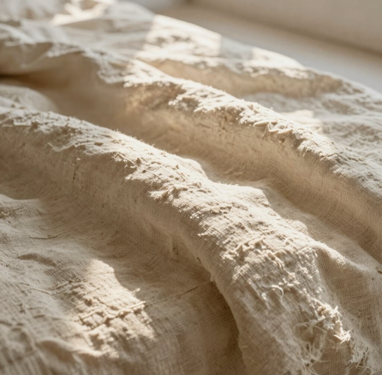 Extreme close-up of textured organic linen sheets in warm cream, soft morning light streaming through a window, casting gentle shadows on the woven fabric.
