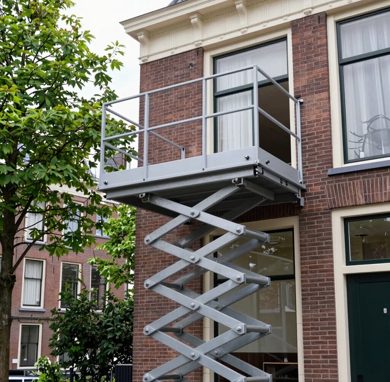 A clean Dutch furniture moving lift extended towards a second-story window of a classic brick villa in Bloemendaal, surrounded by green trees, soft natural daylight, realistic outdoor photography