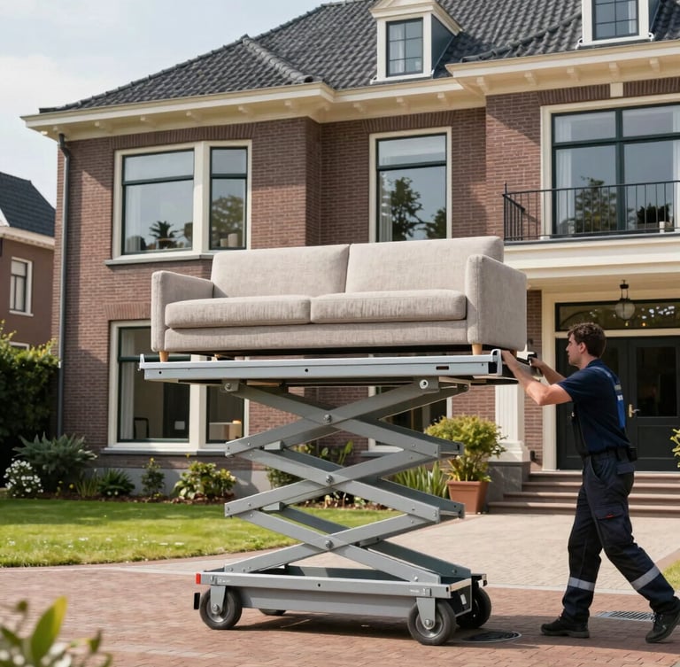 A realistic professional Dutch furniture moving lift set up outside a premium residential villa in Bloemendaal, bright natural daylight, a professional operator in uniform carefully guiding a sofa on the platform, 35mm lens