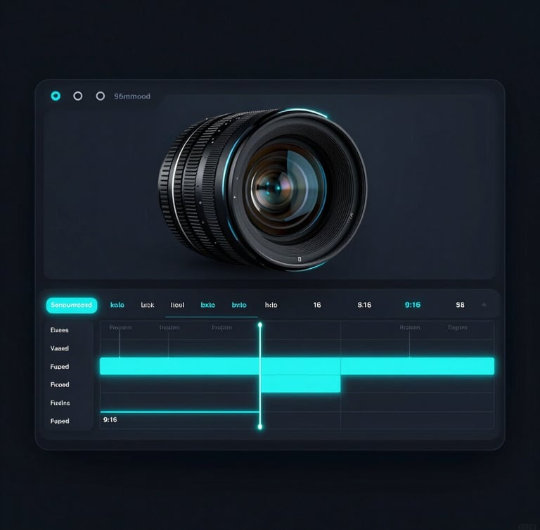 Sleek dark-mode video editor UI mockup with glowing electric cyan highlights, a sharp 9:16 video timeline, high-contrast futuristic tech aesthetic, 35mm macro lens, deep slate background
