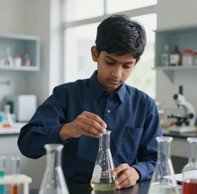 A focused Indian student in a neat navy blue school uniform conducting a chemistry experiment in a bright, modern science lab, natural window light, clean glassware and organized shelves in the background, medium shot.