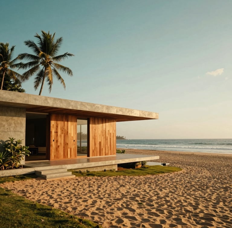 Wide environmental shot of a modern architectural villa in Galle, concrete and warm wood, overlooking a pristine empty coastline at golden hour, 35mm film look.