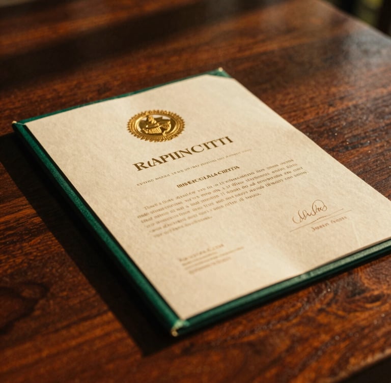 A tight macro detail of a gold-embossed residency document resting on a dark teak table, warm golden-hour tropical light casting rich shadows, 35mm film look.