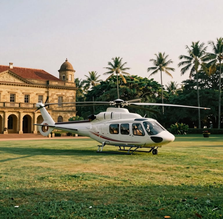 A private helicopter resting on a manicured lawn beside a historic stone colonial estate in Sri Lanka, warm late-afternoon tropical light.