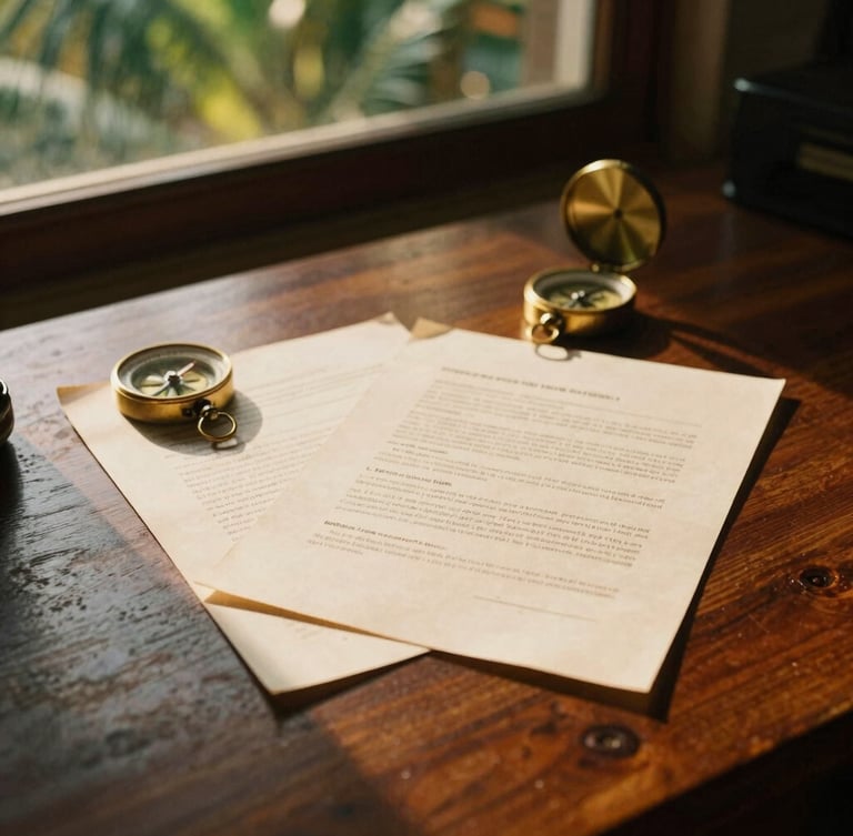 Legal documents resting on a dark teak desk, a brass compass nearby, warm golden hour light through a window.