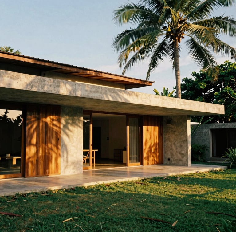 Wide-angle architectural detail of a modern concrete and teak private estate in Galle, warm golden-hour tropical light casting rich natural shadows, 35mm film look.