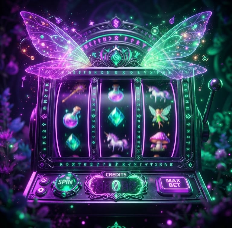 Vibrant 3D render of glowing digital slot reels with magical fairy wings, neon purple and emerald green backlighting, high-contrast digital gaming interface, cinematic lighting