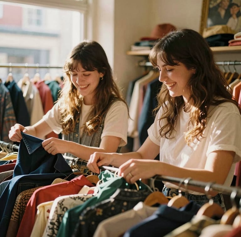 Portrait of two young women, founders of Cheap Girls LLC, laughing and sorting through vintage clothes in a sunlit Oxford boutique, warm golden hour light, 35mm film aesthetic, shallow depth of field, casual candid framing, one woman on the left, the other on the right.