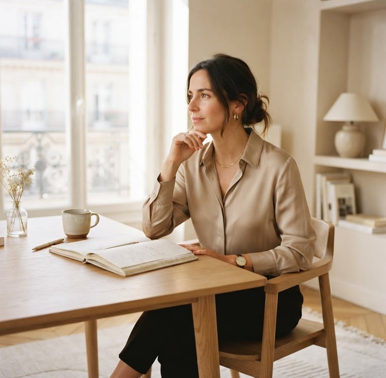 A professional woman sitting thoughtfully in a sunlit, minimalist Paris office, warm alabaster and soft beige tones, elegant notebook on a wooden desk, 35mm photography