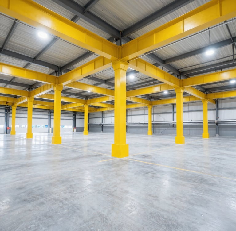Wide-angle crisp industrial photography of a massive, clean, organized warehouse interior with high-bay racking under bright overhead lighting, safety yellow structural pillars, modern logistics terminal visible