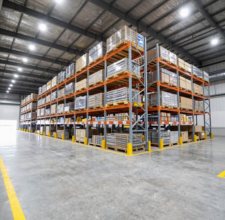 Wide-angle crisp industrial photography of a clean high-bay warehouse interior, massive organized racking, bright overhead lighting, and safety yellow floor markings.