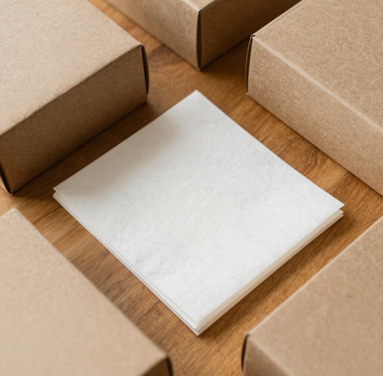 Overhead flat-lay of folded kraft paper boxes and tissue paper sheets on a warm wooden table, soft natural daylight, 35mm