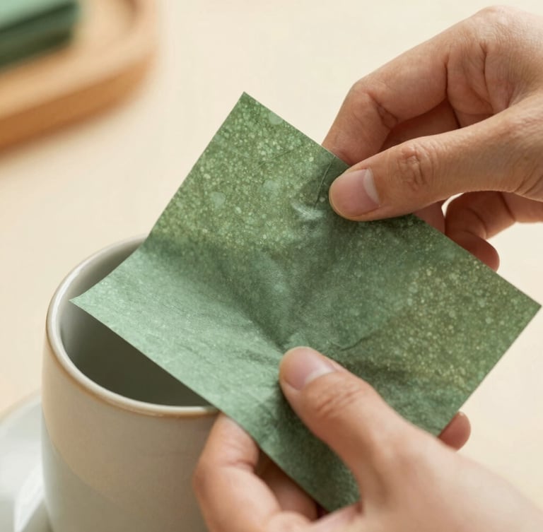 Close-up macro shot of hands carefully folding a custom-sized green tissue paper around a ceramic cup, soft diffused daylight, warm tones