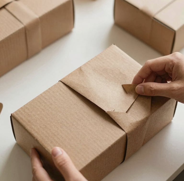 Overhead flat-lay of aesthetic packaging setup, hands wrapping a cardboard box with textured brown kraft paper, soft natural daylight, warm editorial photography, 35mm