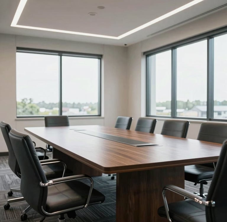 Bright daylight environmental shot of an organized boardroom table in Kentucky, architectural details, clean lines, professional atmosphere.