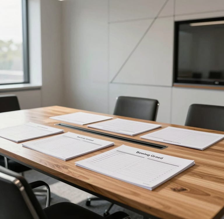 Bright natural daylight illuminating a modern structured boardroom in Bowling Green, clean wooden table, organized planners and architectural lines in the background, professional atmosphere.