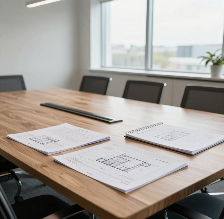 Bright, naturally lit modern office boardroom in Kentucky, clean wooden table with structured planners and architectural schematics, wide daylight, professional environment.
