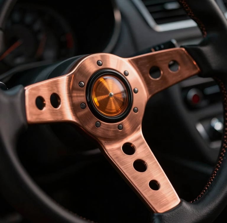 Macro close-up of a high-end steering wheel with solid copper spokes, dramatic amber side-lighting, deep shadows, dark moody automotive studio setting, 50mm