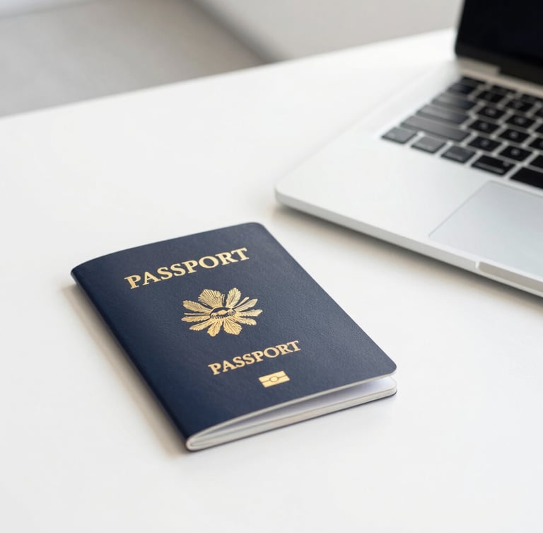 Medium close-up of a professional desk with travel documents, a passport beside a clean laptop, bright corporate office lighting, navy and gold accents, 35mm.