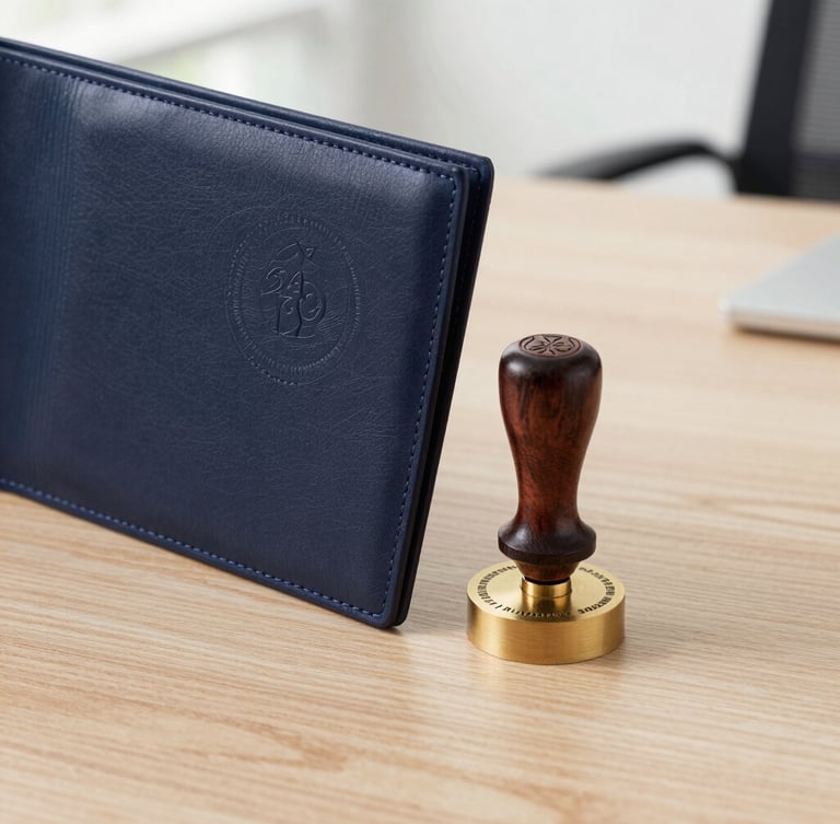 A close-up of a high-quality leather folder being stamped with an official seal on a clean wooden desk, soft natural daylight, professional corporate photography, 35mm