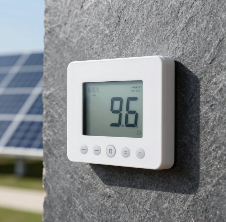 Macro shot of a modern digital thermostat on a slate wall showing temperature controls, bright natural light, clean high-tech aesthetic